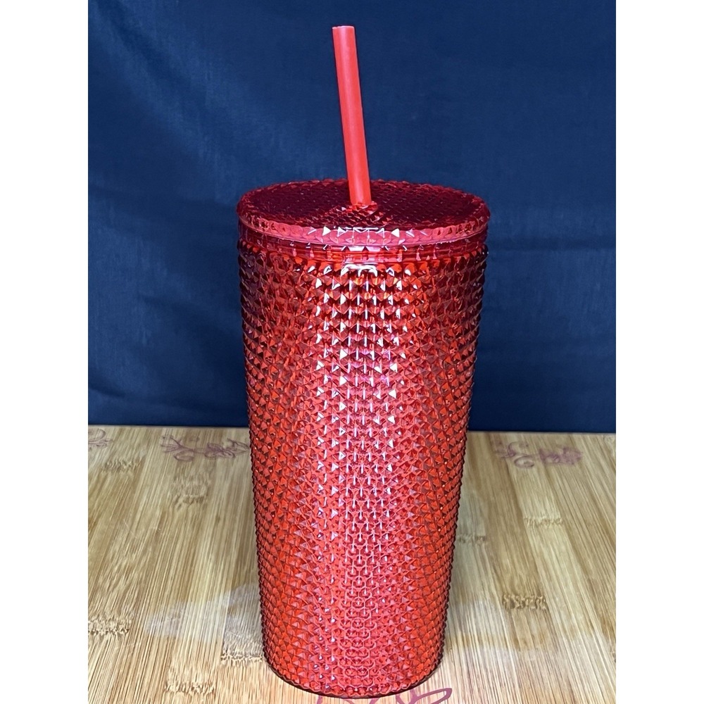 Red Acrylic Textured Tumbler with Red Straw Reusable Cold Drink 16oz Cup